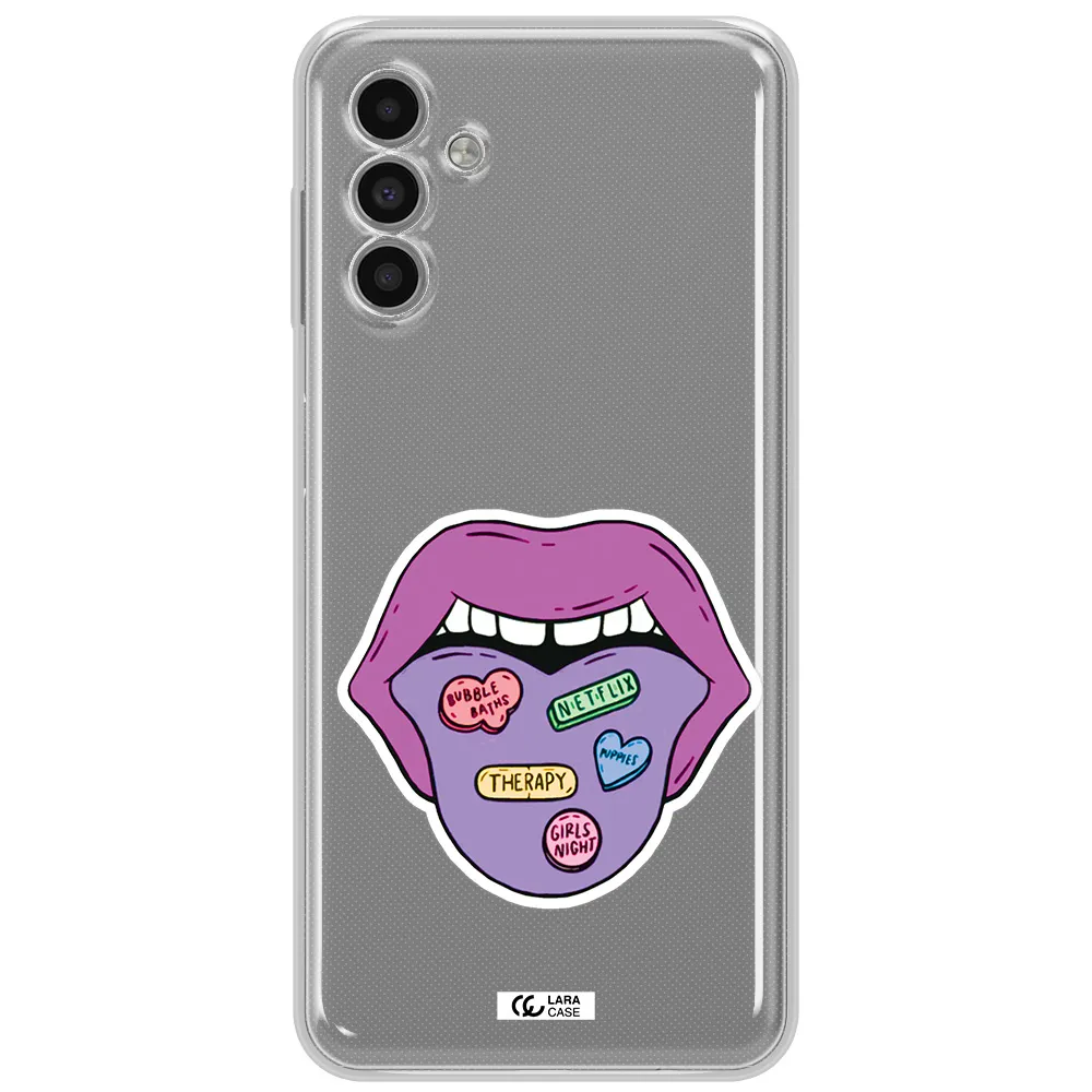 A Purple Lips With Different Colored Hearts On It Samsung A13 5G Clear Tpu Case