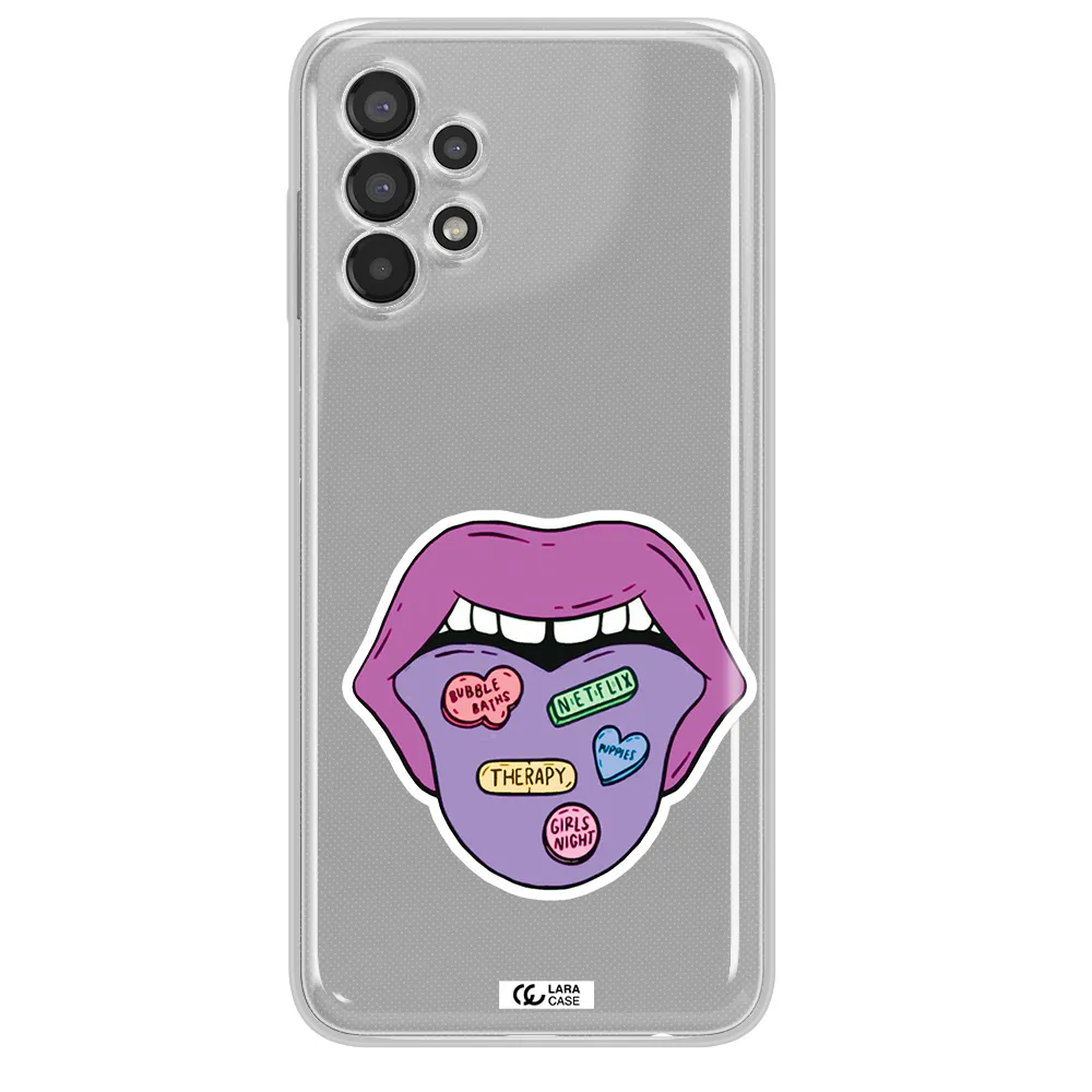 a purple lips with different colored hearts on it Samsung A13 Clear TPU Case