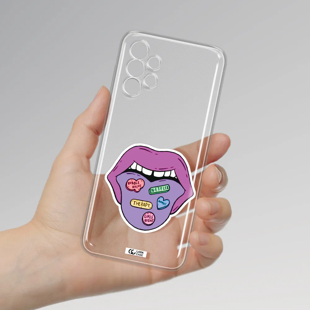 a purple lips with different colored hearts on it Samsung A13 Clear TPU Case
