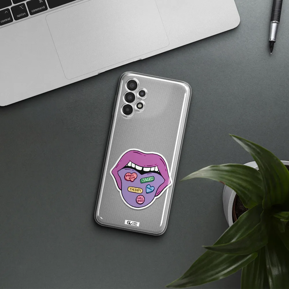 a purple lips with different colored hearts on it Samsung A13 Clear TPU Case