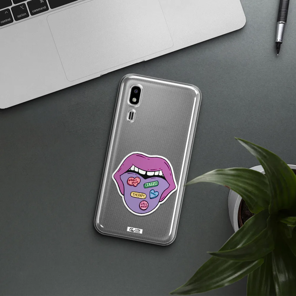 a purple lips with different colored hearts on it Samsung A2 Core Clear TPU Case