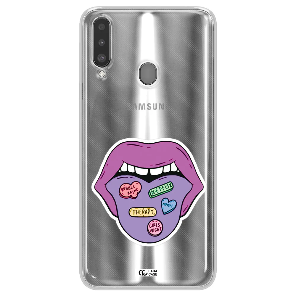 a purple lips with different colored hearts on it Samsung A20S Clear TPU Case