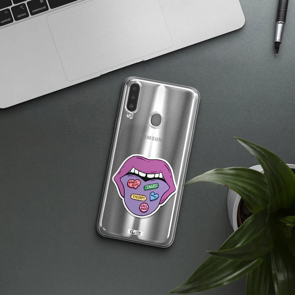 a purple lips with different colored hearts on it Samsung A20S Clear TPU Case