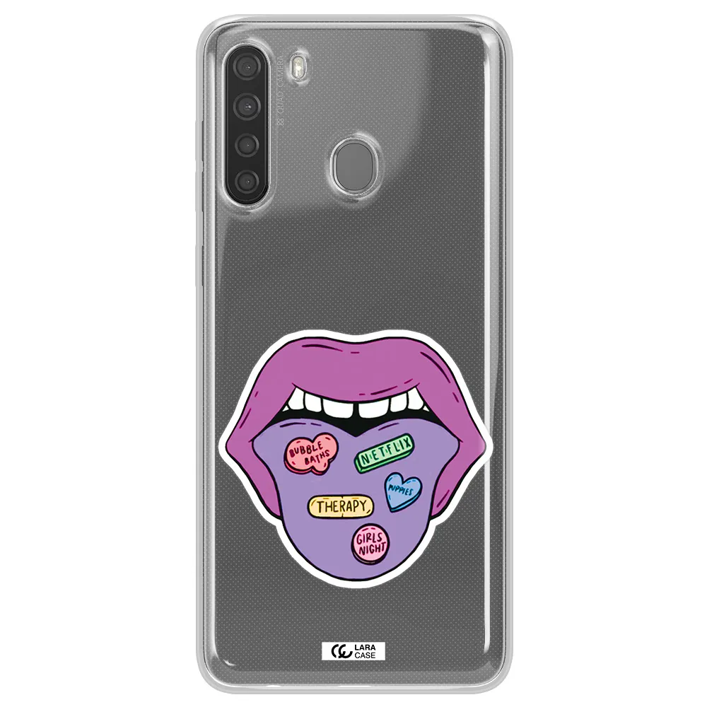 a purple lips with different colored hearts on it Samsung A21 Clear TPU Case