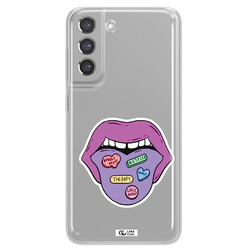 a purple lips with different colored hearts on it Samsung A21 Fe Clear TPU Case