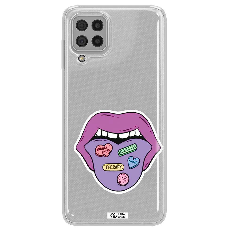a purple lips with different colored hearts on it Samsung A22 4g Clear TPU Case