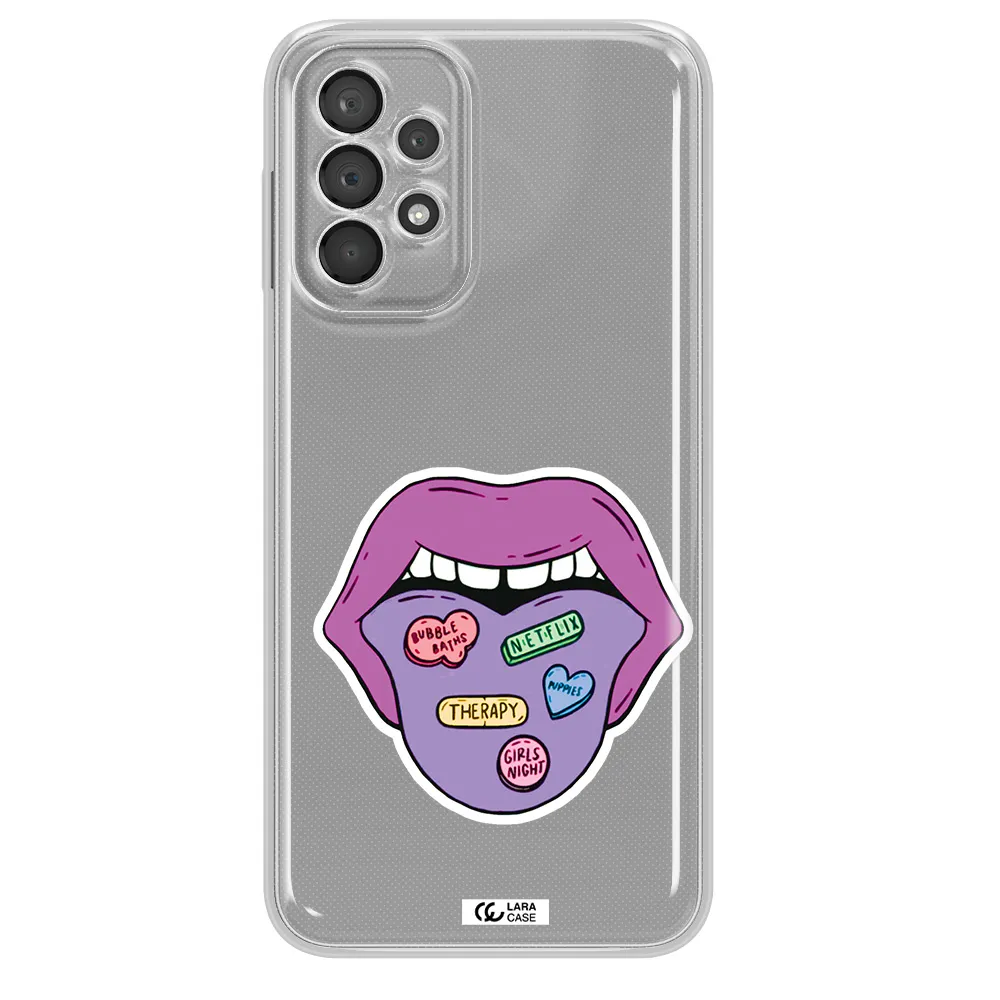 A Purple Lips With Different Colored Hearts On It Samsung A23 5G Clear Tpu Case