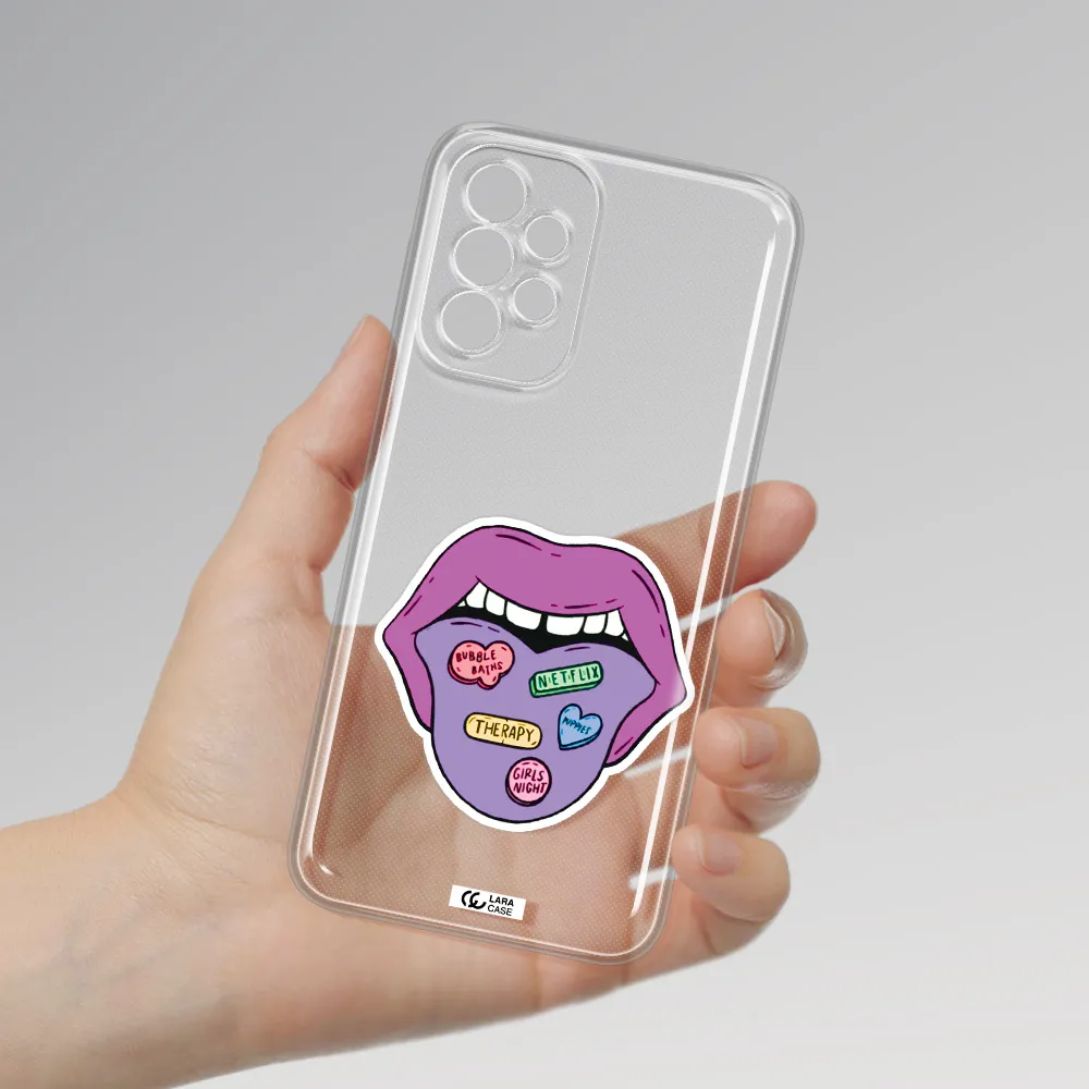 A Purple Lips With Different Colored Hearts On It Samsung A23 5G Clear Tpu Case
