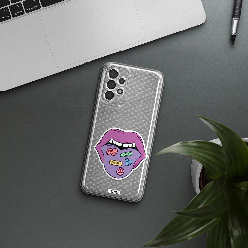 A Purple Lips With Different Colored Hearts On It Samsung A23 5G Clear Tpu Case