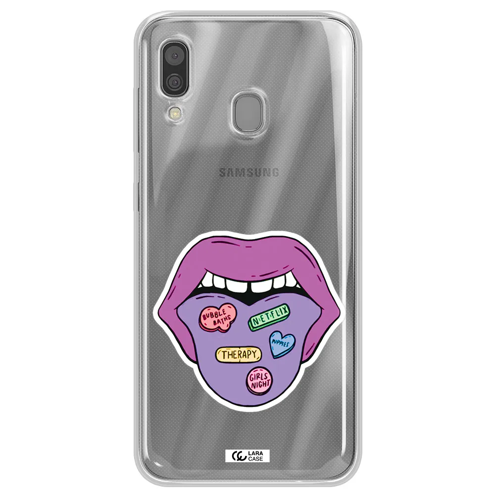 a purple lips with different colored hearts on it Samsung A30 Clear TPU Case