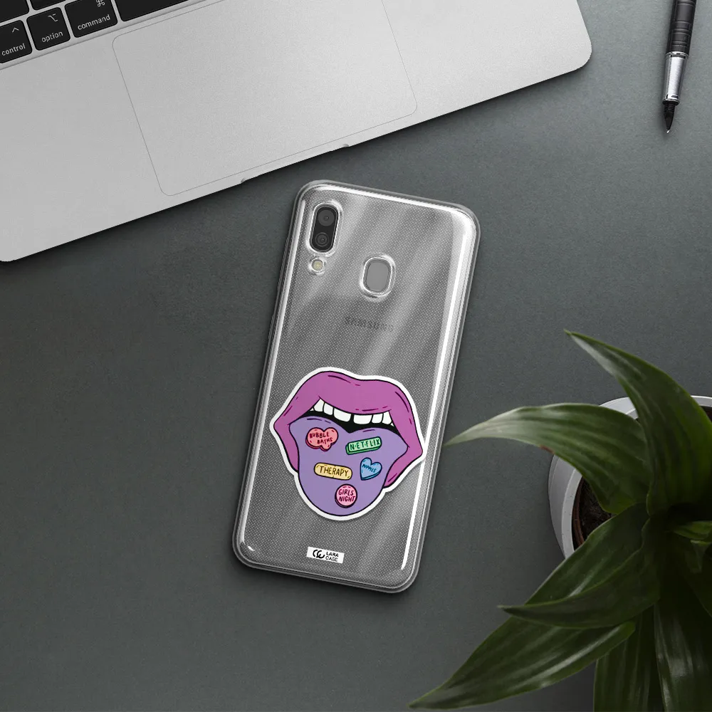 a purple lips with different colored hearts on it Samsung A30 Clear TPU Case