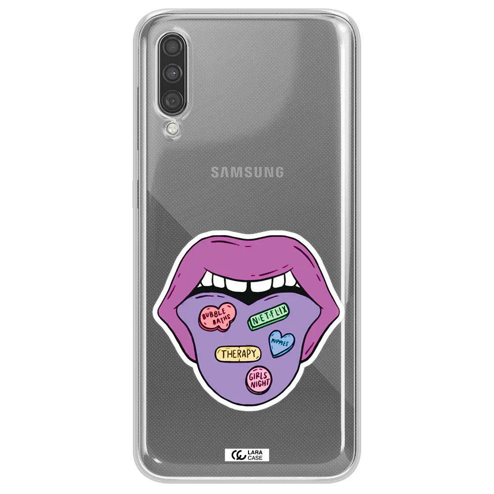a purple lips with different colored hearts on it Samsung A30S Clear TPU Case