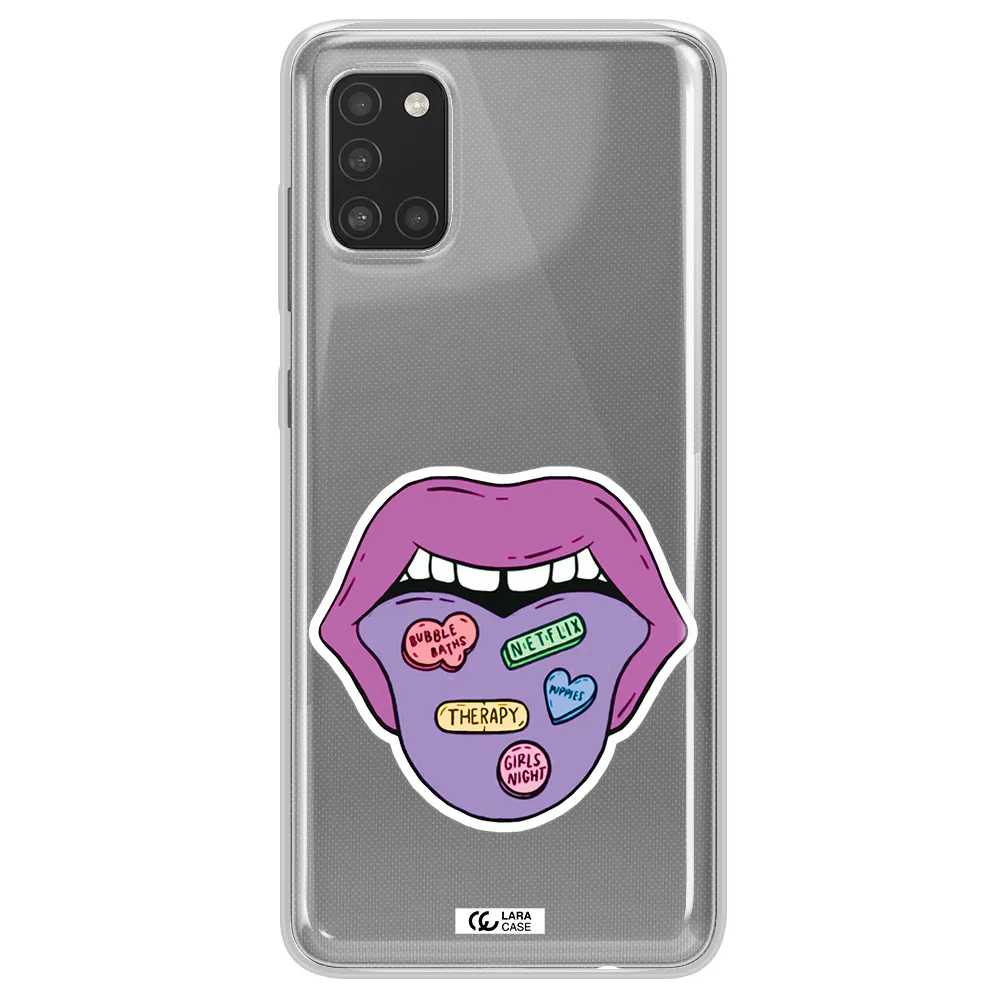 a purple lips with different colored hearts on it Samsung A31 Clear TPU Case