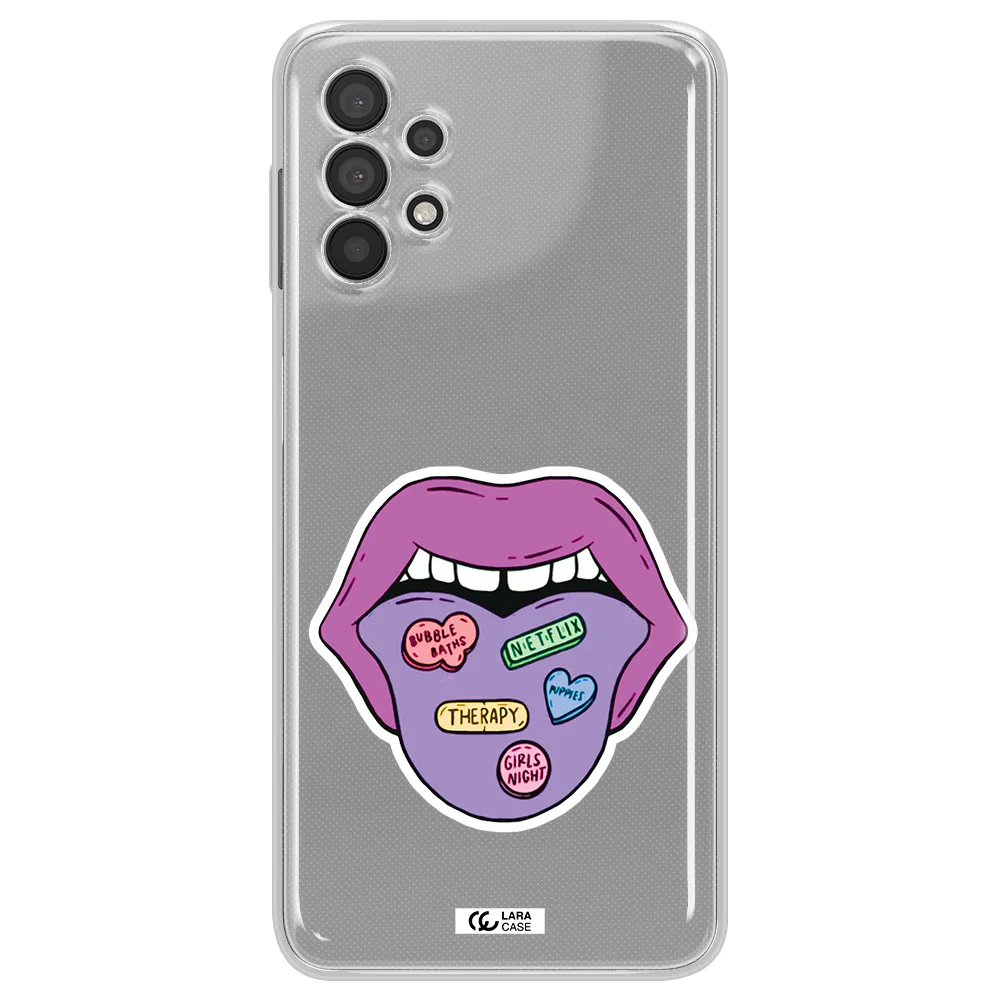 a purple lips with different colored hearts on it Samsung A32 Clear TPU Case