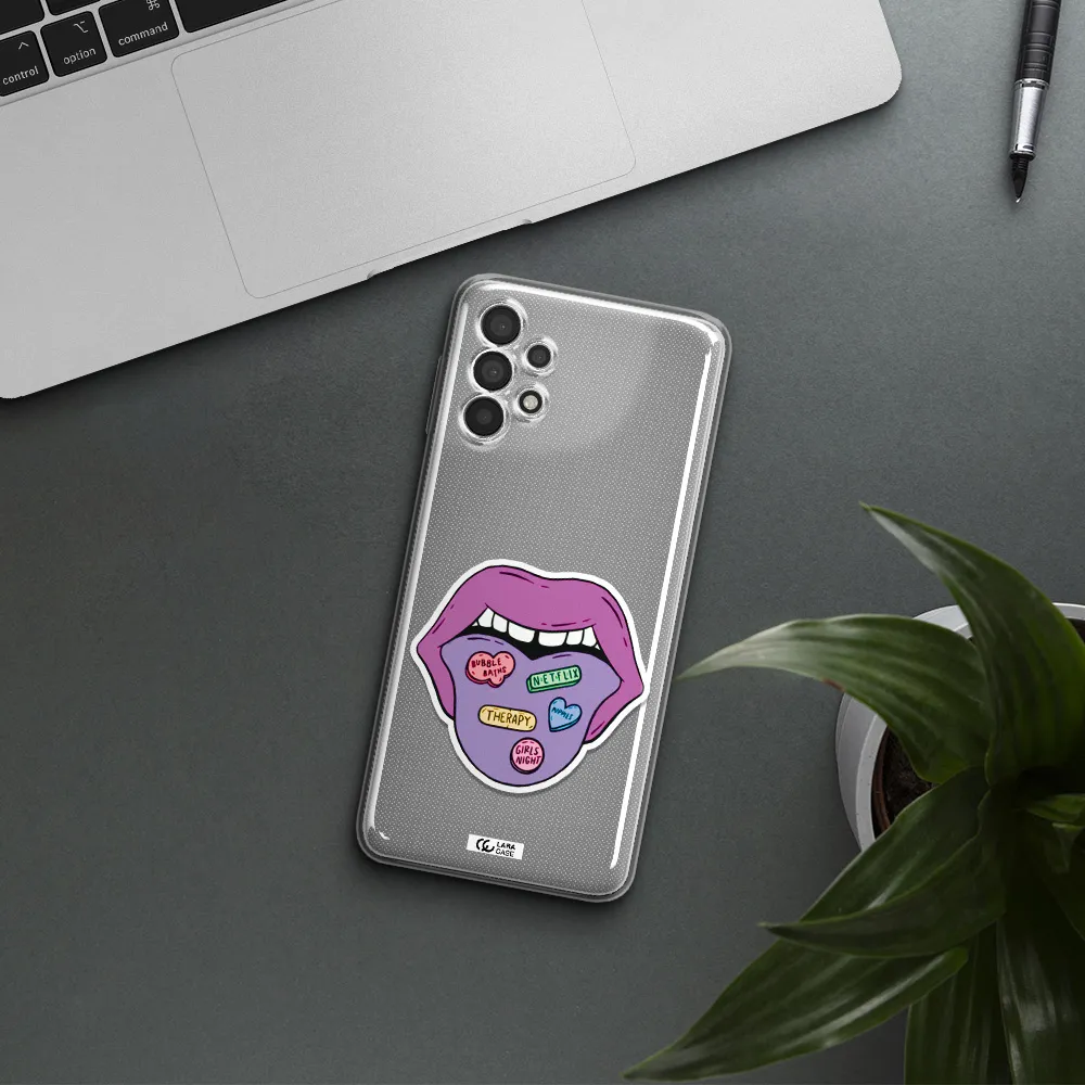 a purple lips with different colored hearts on it Samsung A32 Clear TPU Case