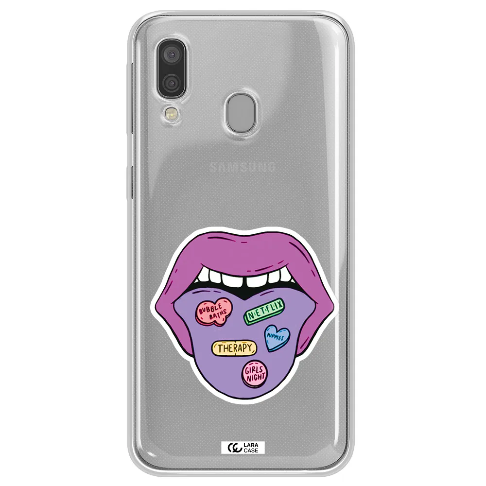a purple lips with different colored hearts on it Samsung A40 Clear TPU Case
