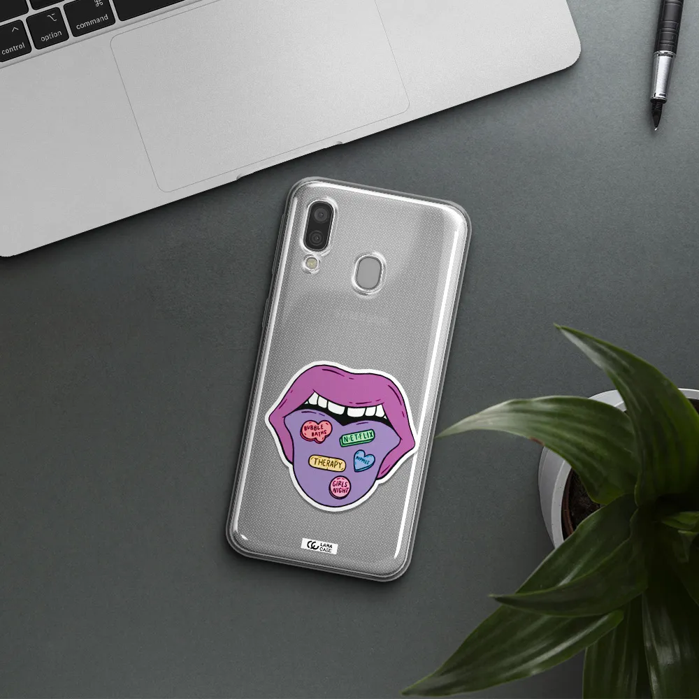 a purple lips with different colored hearts on it Samsung A40 Clear TPU Case
