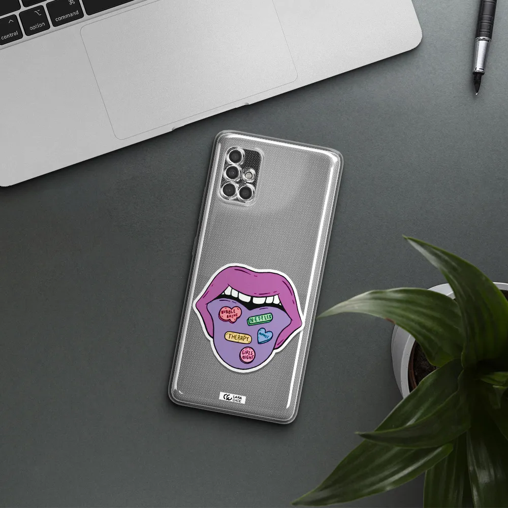 A Purple Lips With Different Colored Hearts On It Samsung A40S Clear Tpu Case