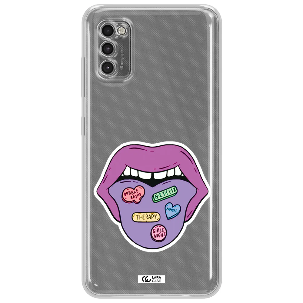 A Purple Lips With Different Colored Hearts On It Samsung A41 Clear Tpu Case