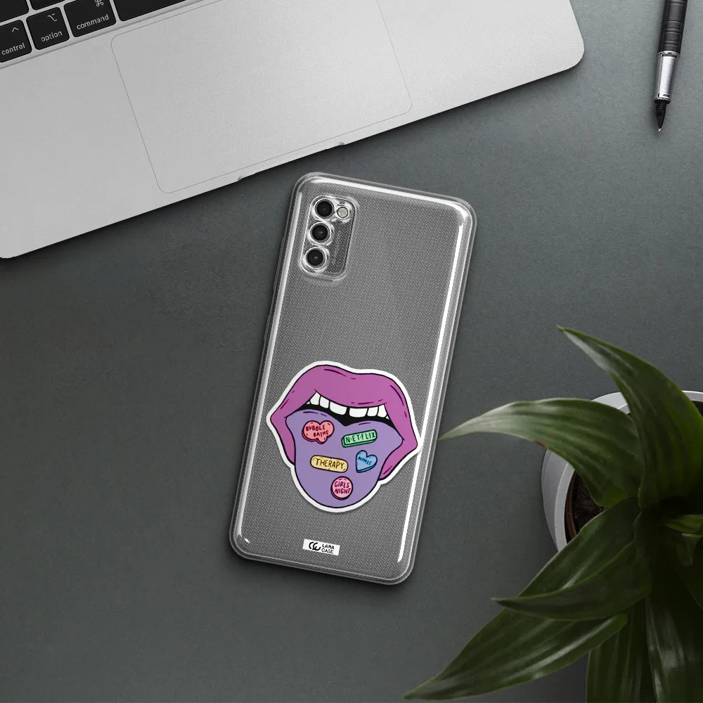 A Purple Lips With Different Colored Hearts On It Samsung A41 Clear Tpu Case