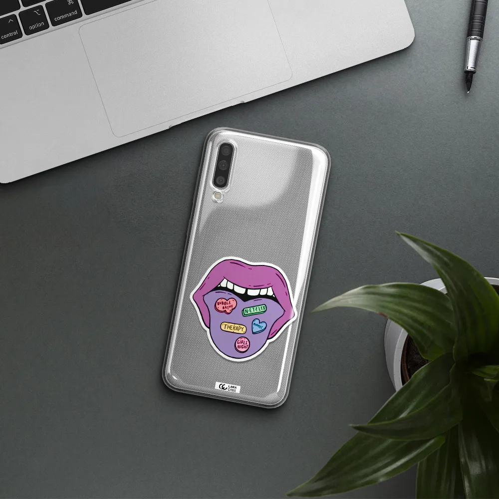 a purple lips with different colored hearts on it Samsung A50 Clear TPU Case