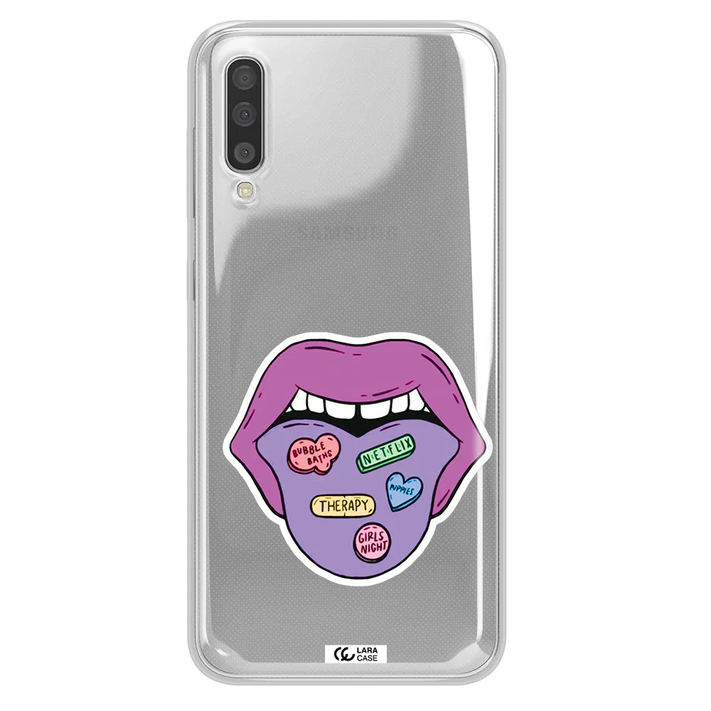 A Purple Lips With Different Colored Hearts On It Samsung A50S Clear Tpu Case