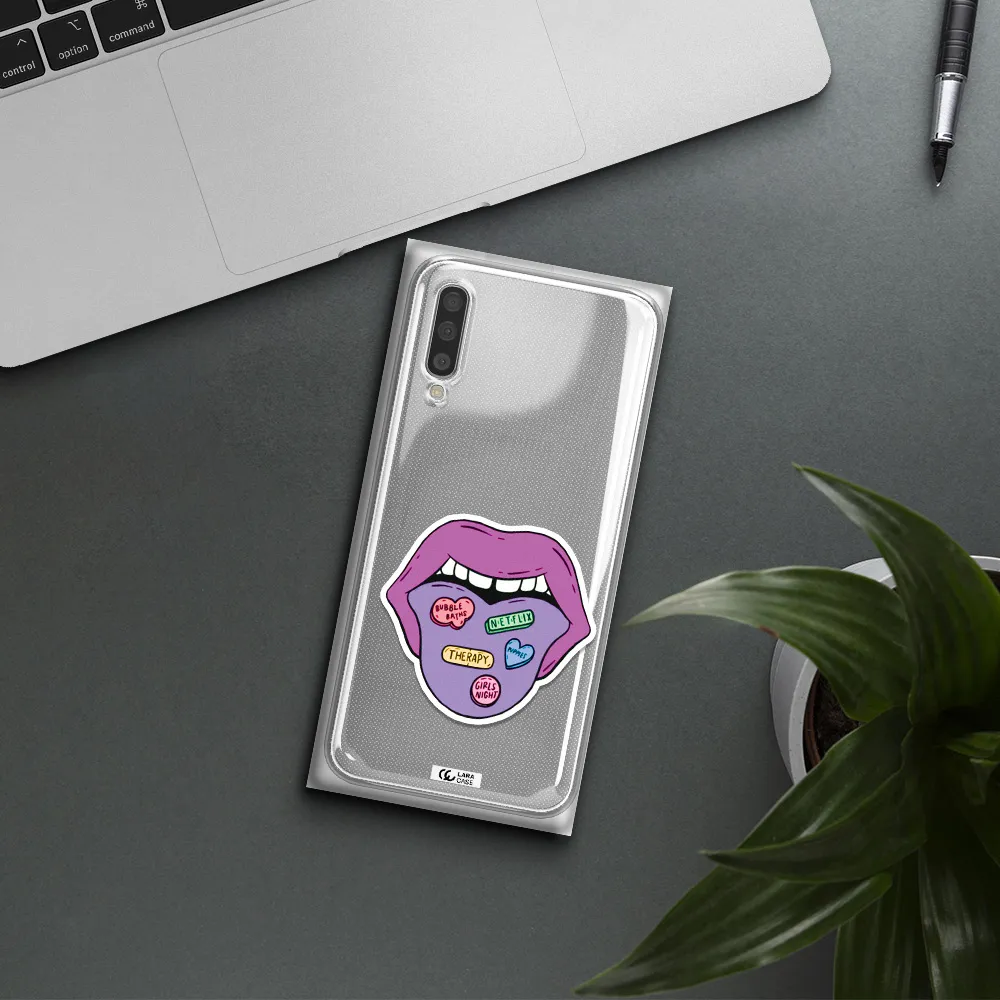 A Purple Lips With Different Colored Hearts On It Samsung A50S Clear Tpu Case