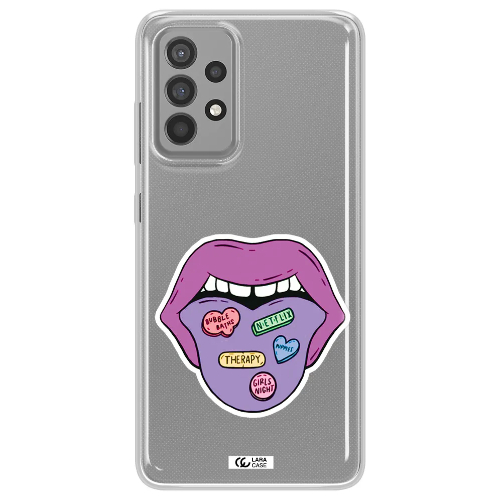 a purple lips with different colored hearts on it Samsung A52 Clear TPU Case
