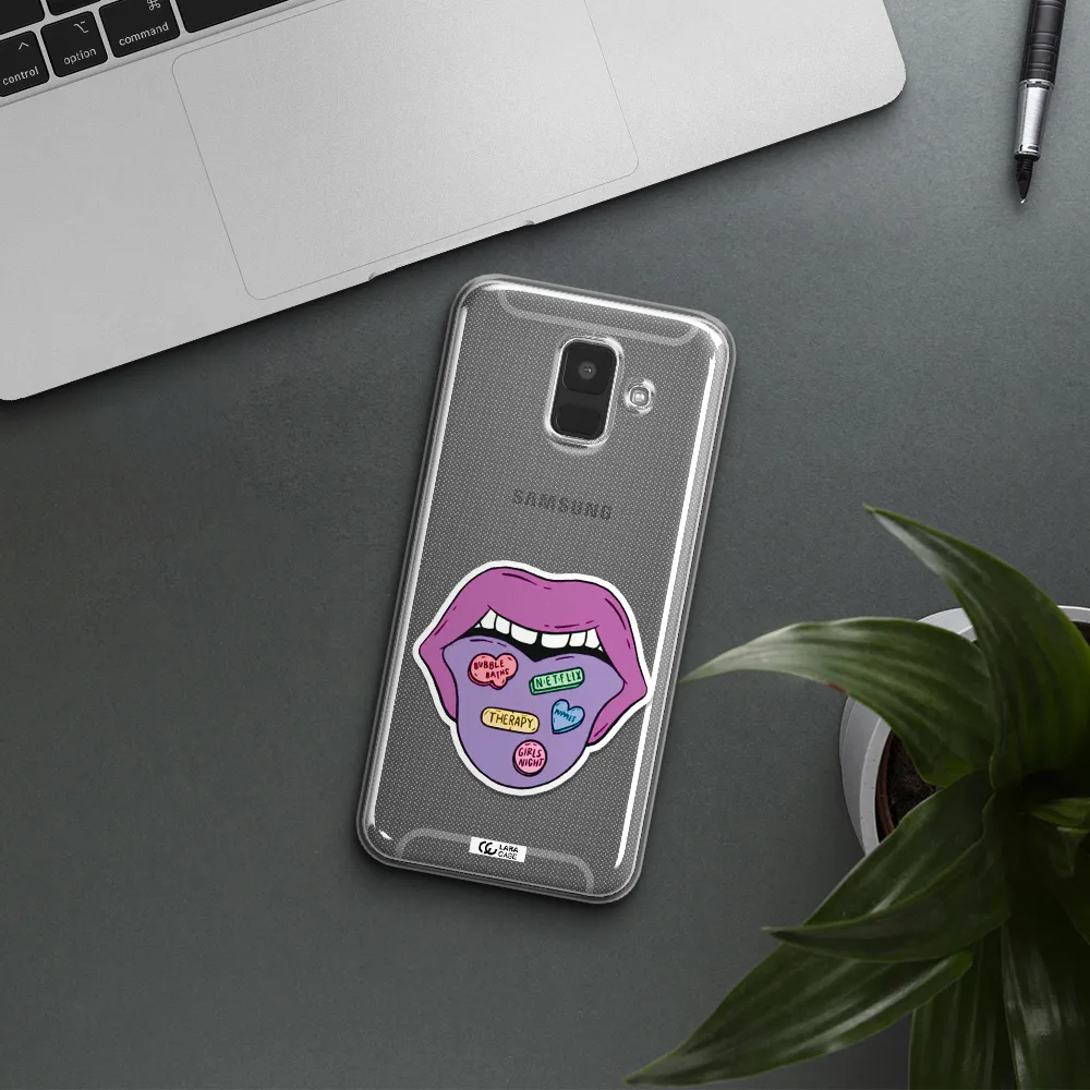 a purple lips with different colored hearts on it Samsung A6 Clear TPU Case