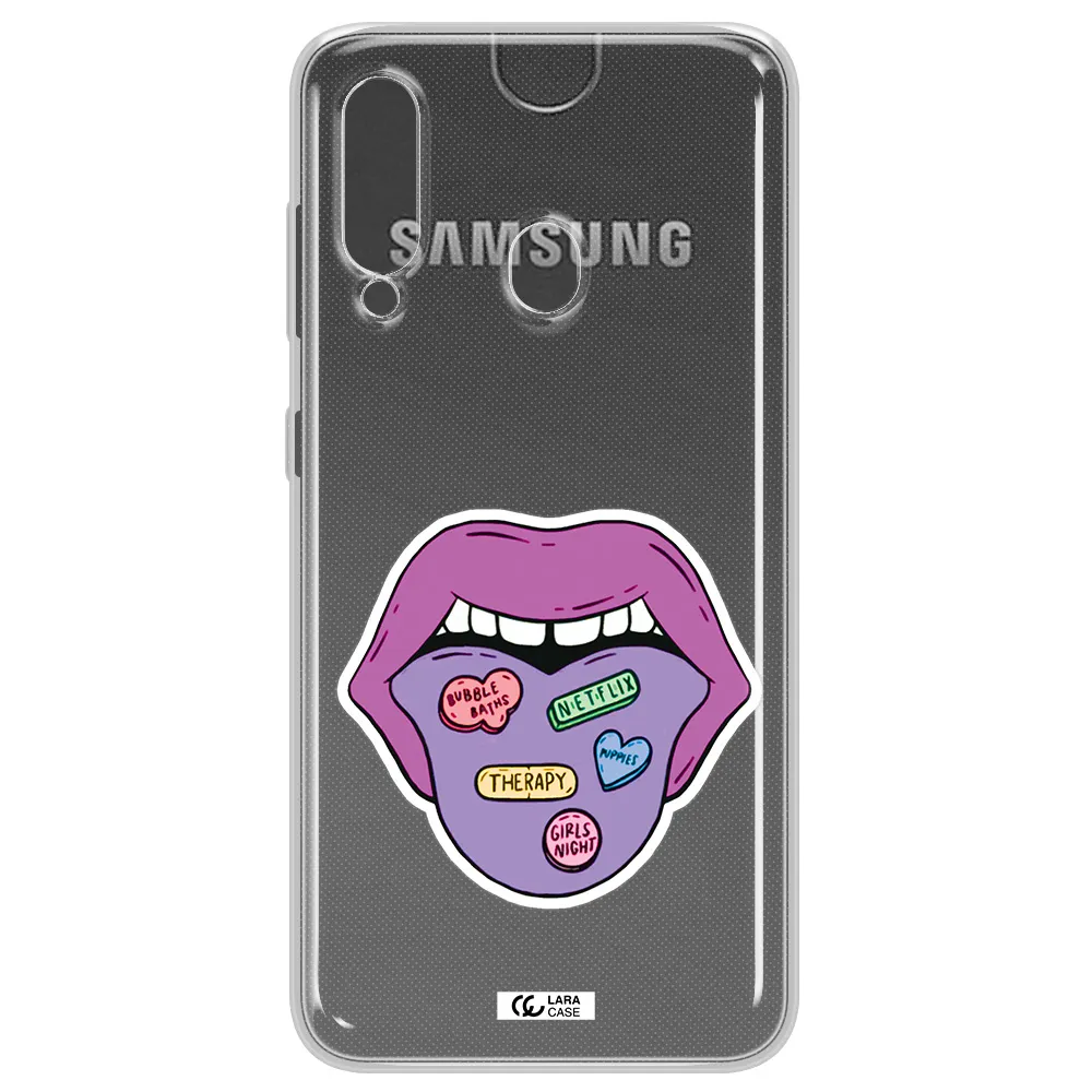 a purple lips with different colored hearts on it Samsung A60 Clear TPU Case