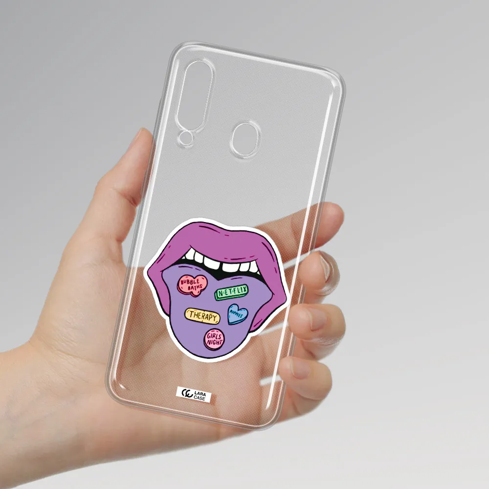 a purple lips with different colored hearts on it Samsung A60 Clear TPU Case