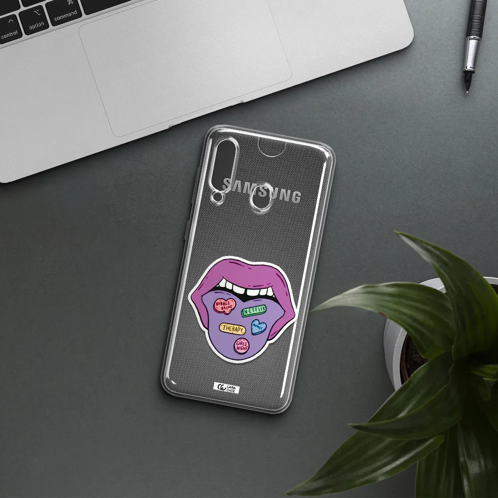 a purple lips with different colored hearts on it Samsung A60 Clear TPU Case