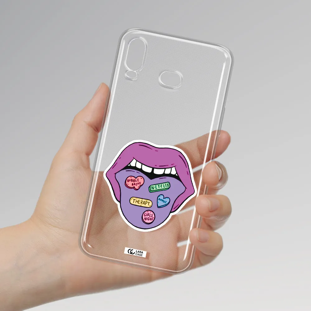 a purple lips with different colored hearts on it Samsung A6S Clear TPU Case