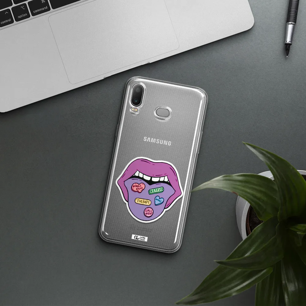 a purple lips with different colored hearts on it Samsung A6S Clear TPU Case