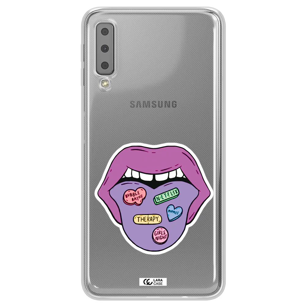 a purple lips with different colored hearts on it Samsung A7 2018 Clear TPU Case