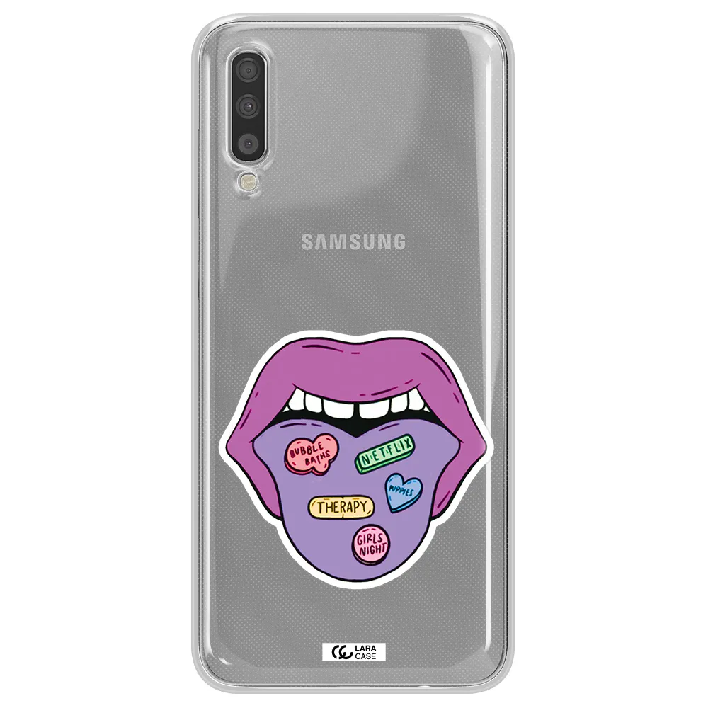 a purple lips with different colored hearts on it Samsung A70 Clear TPU Case