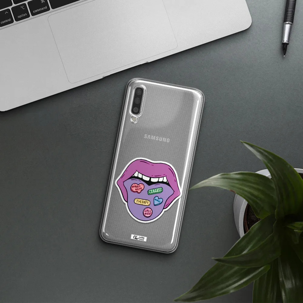 A Purple Lips With Different Colored Hearts On It Samsung A70S Clear Tpu Case