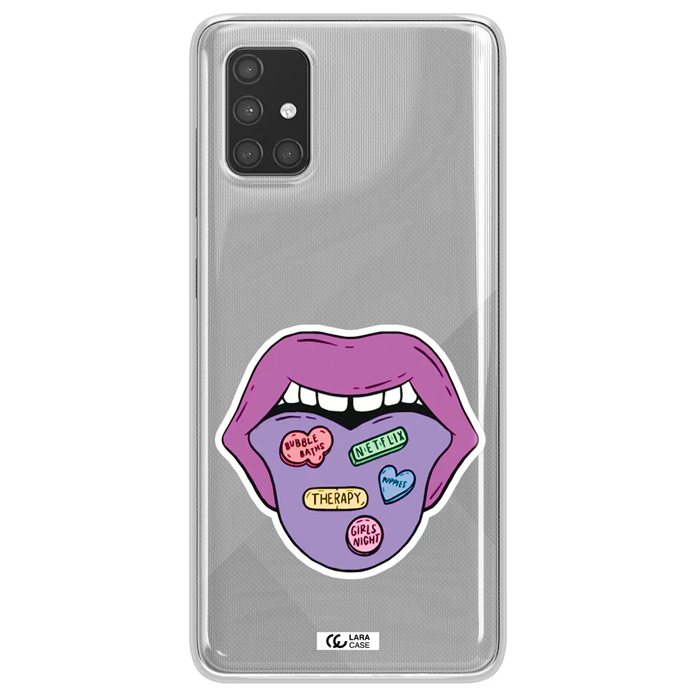 a purple lips with different colored hearts on it Samsung A71 Clear TPU Case