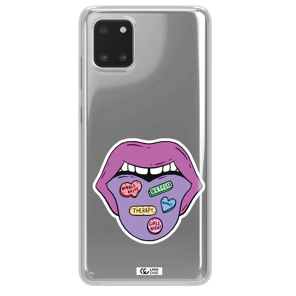 a purple lips with different colored hearts on it Samsung A81 Clear TPU Case