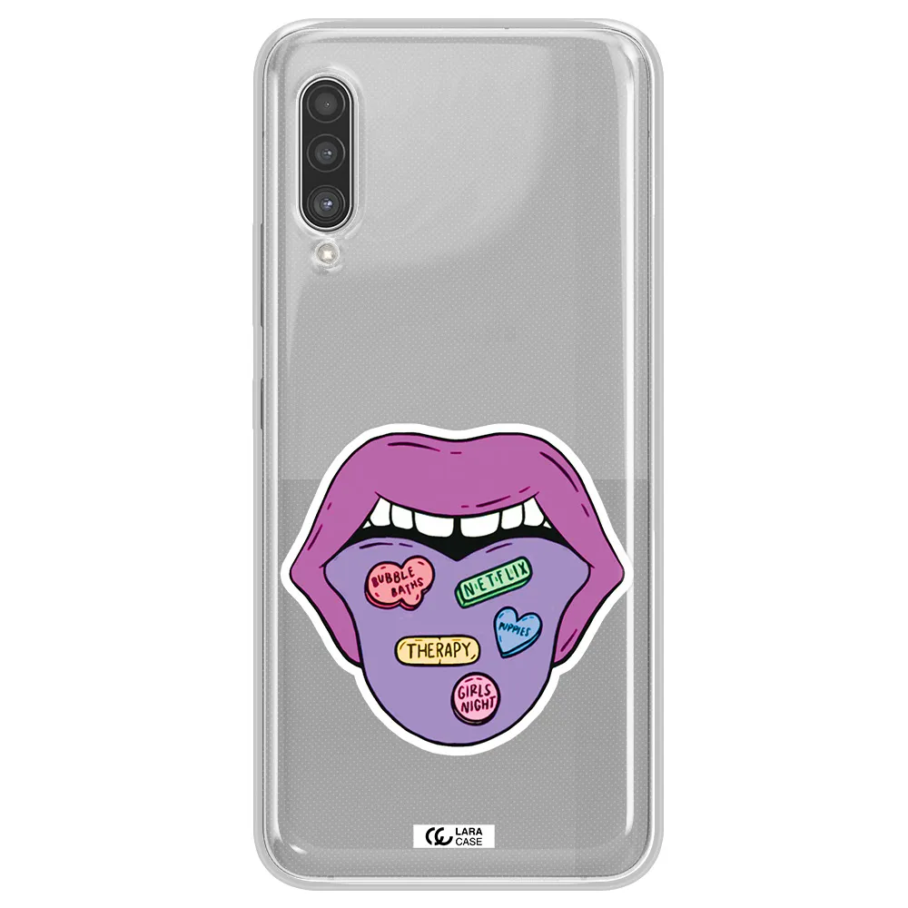 a purple lips with different colored hearts on it Samsung A90 Clear TPU Case