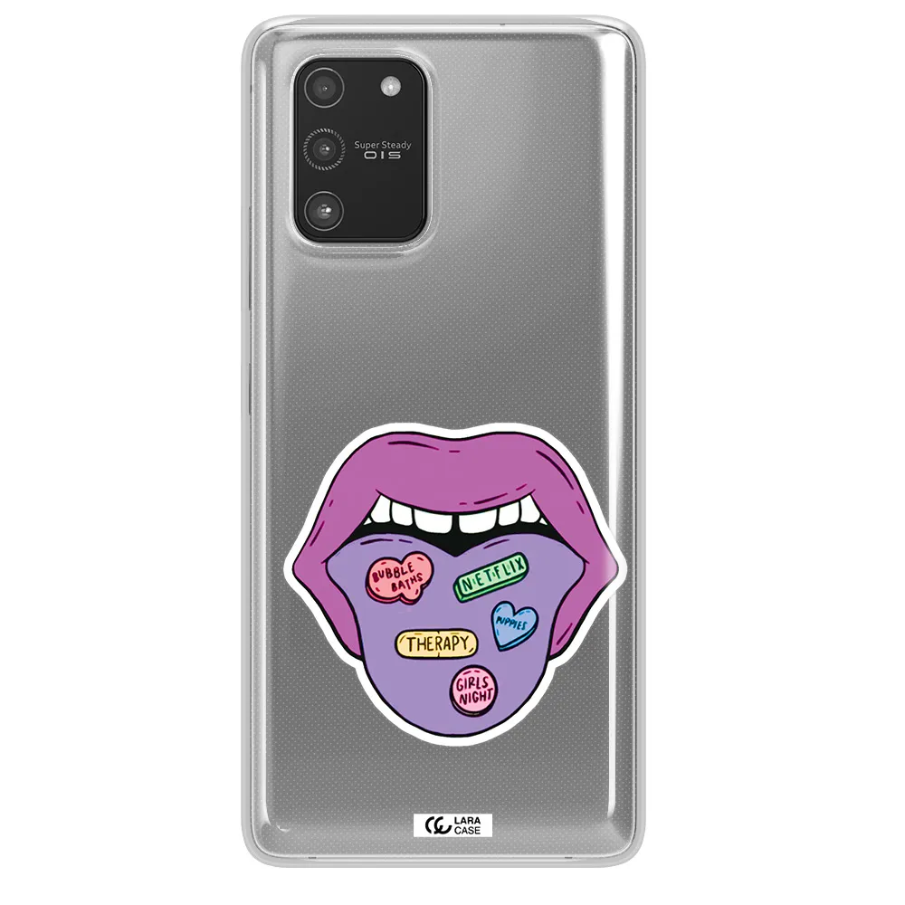 a purple lips with different colored hearts on it Samsung A91 Clear TPU Case