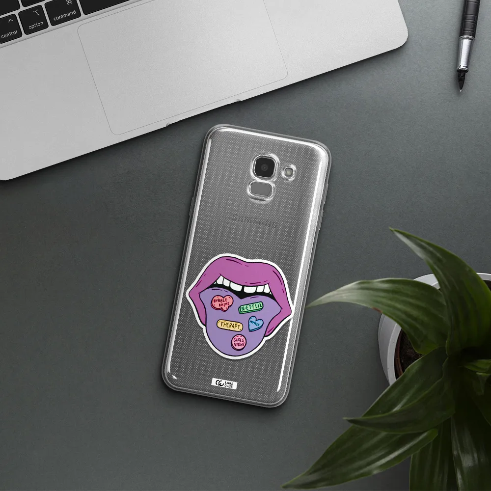 a purple lips with different colored hearts on it Samsung J6 Clear TPU Case