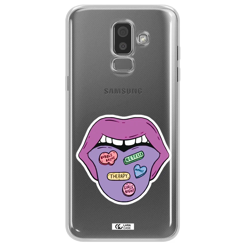 a purple lips with different colored hearts on it Samsung J8 Clear TPU Case