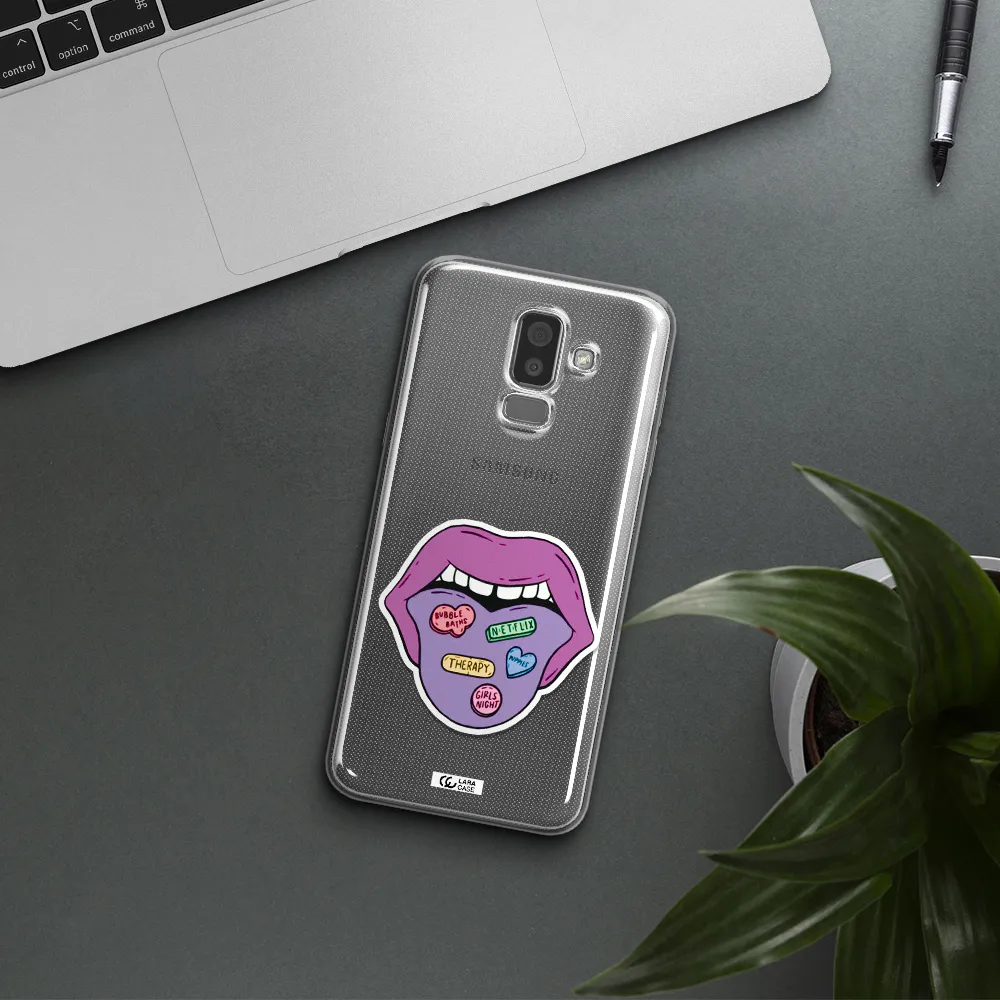 a purple lips with different colored hearts on it Samsung J8 Clear TPU Case