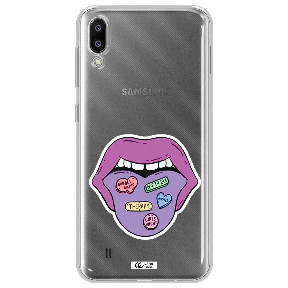 a purple lips with different colored hearts on it Samsung M10 Clear TPU Case