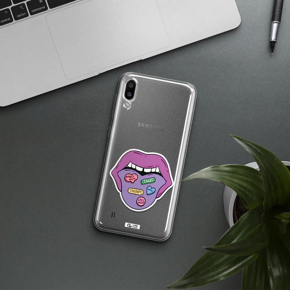 a purple lips with different colored hearts on it Samsung M10 Clear TPU Case