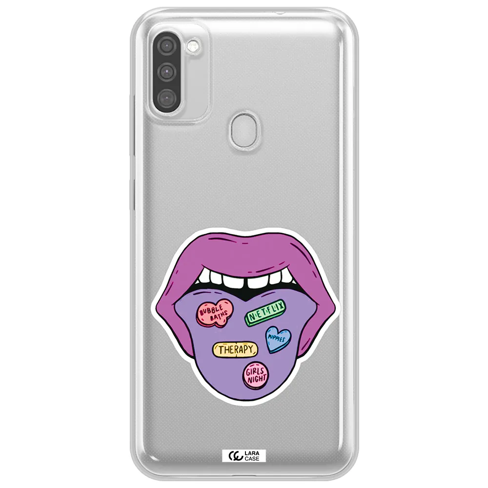 a purple lips with different colored hearts on it Samsung M11 Clear TPU Case