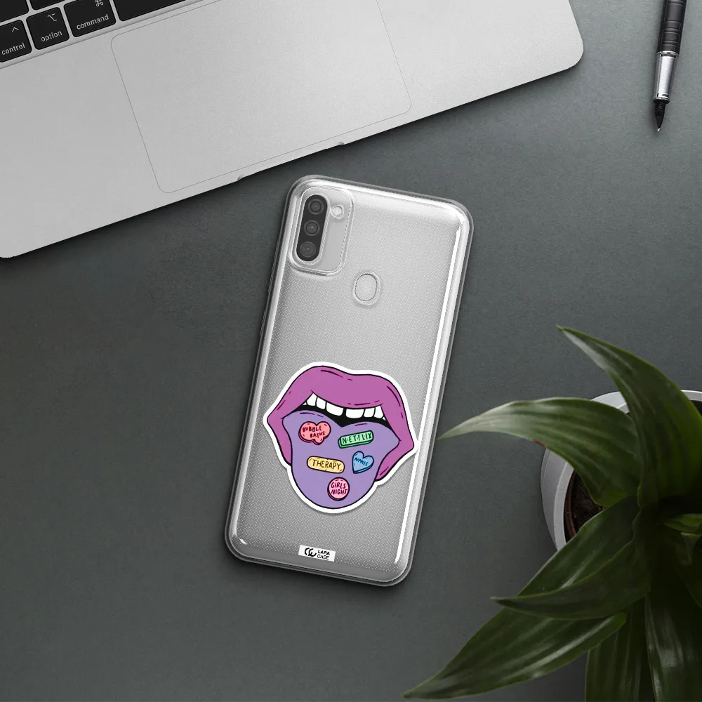a purple lips with different colored hearts on it Samsung M11 Clear TPU Case