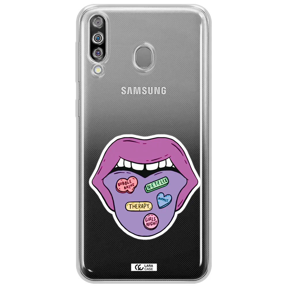 a purple lips with different colored hearts on it Samsung M30 Clear TPU Case