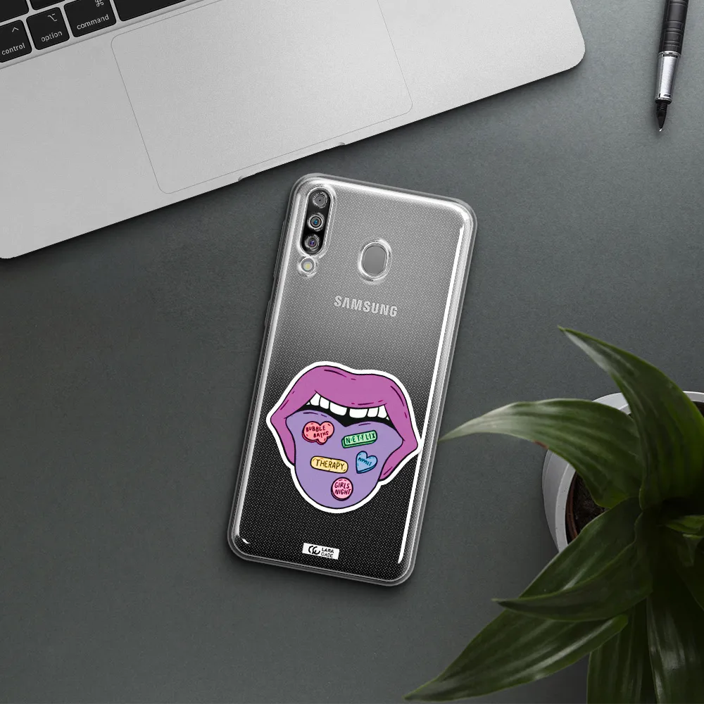 a purple lips with different colored hearts on it Samsung M30 Clear TPU Case